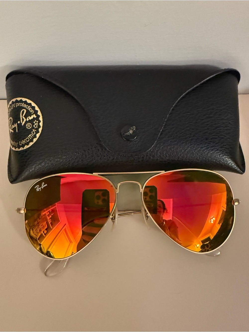 Ray-Ban Gold Frame Sunglasses with Orange-Red Mirror Lenses